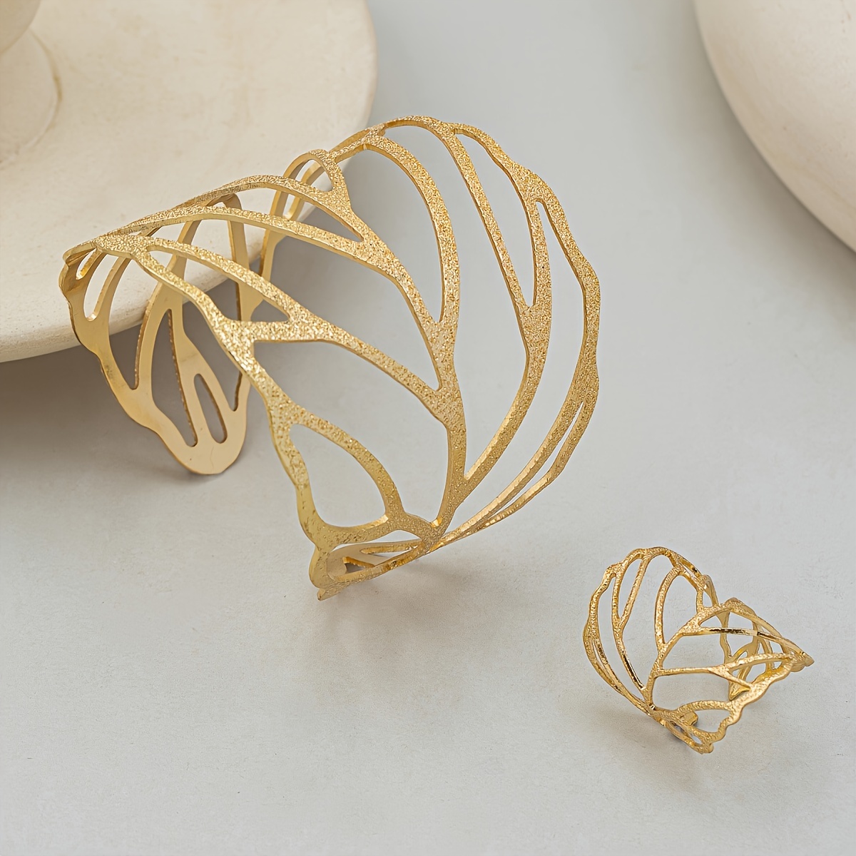 Vintage Leaf Jewelry Set: Cuff Bracelet & Ring Combo